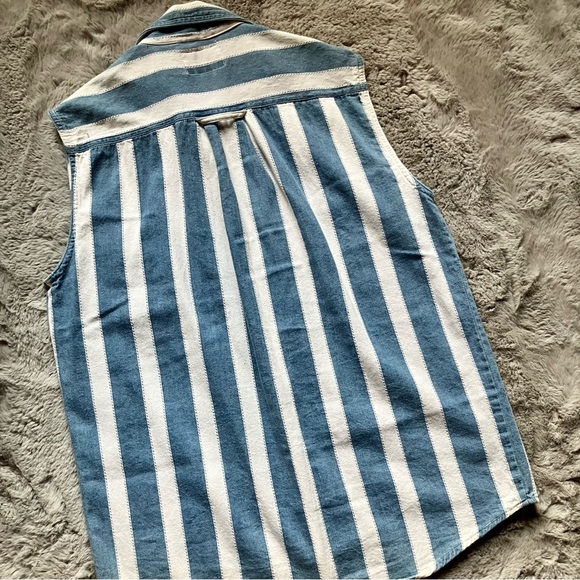 Vintage 100% Cotton denim striped button down sleeveless Ever Blue by Triple 5 - Picture 5 of 5